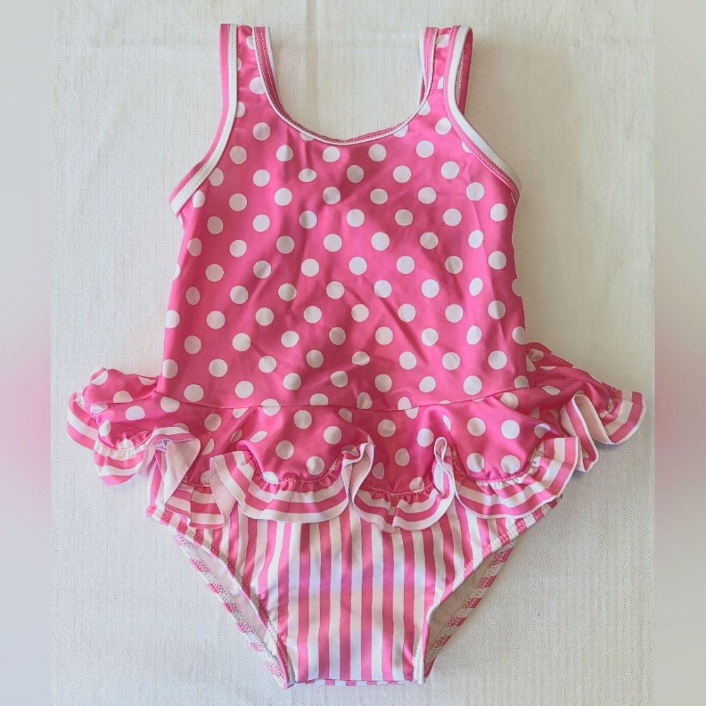 Flap Happy Toddler One-Piece Swimsuit Tutu Pink White Polka Dot Striped Sz 18M